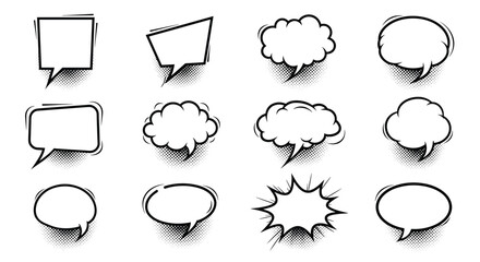 Naklejka premium Collection of black and white comic book style speech bubbles and thought clouds with halftone shadow effects for graphic design.