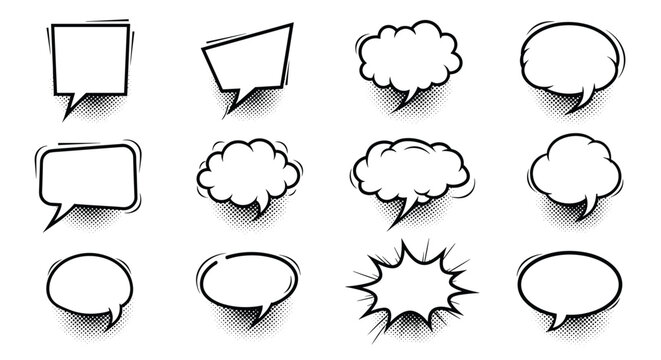Collection of black and white comic book style speech bubbles and thought clouds with halftone shadow effects for graphic design.