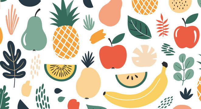 Colorful seamless pattern features a variety of hand drawn fruits like pineapples bananas apples and pears mixed with tropical leaves.