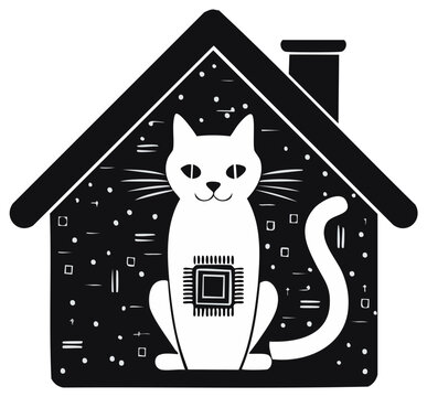 Whimsical cat with microchip heart inside a stylized house silhouette art