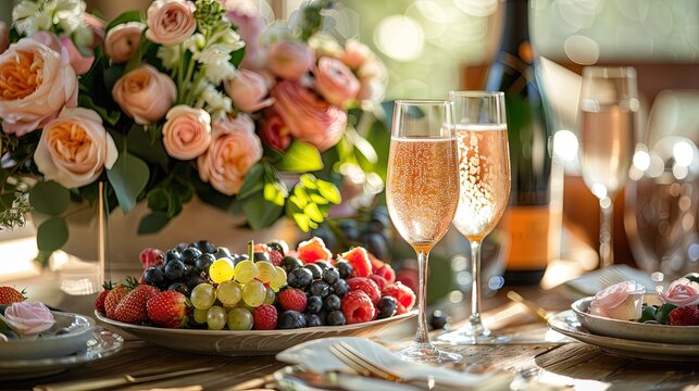 Bright outdoor celebration table arrangement for casual brunch or intimate party, filled with fresh fruit platter of strawberry, raspberry, blueberry and green grape, rose centerpieces, flutes of