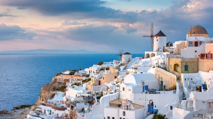 Fototapeta premium Iconic Whitewashed Village Clinging to a Cliffside Overlooking the Aegean Sea at Sunset