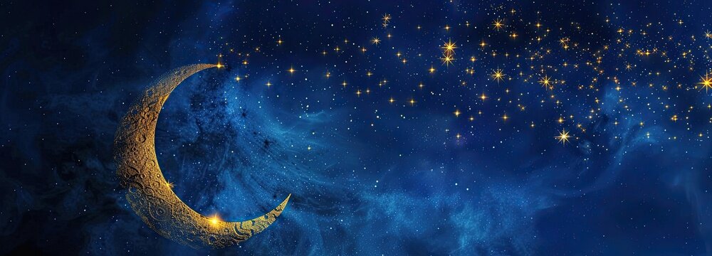 Dreamy celestial night sky scene features glowing gold crescent moon on deep gradient blue background shifting from near-black dark blue to bright sapphire, dotted with scattered silver and warm