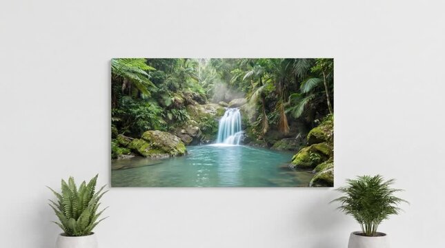 Seamless looping turquoise waterfall cascading into a calm tropical rock pool, lush green nature relaxing ambient 4K background footage