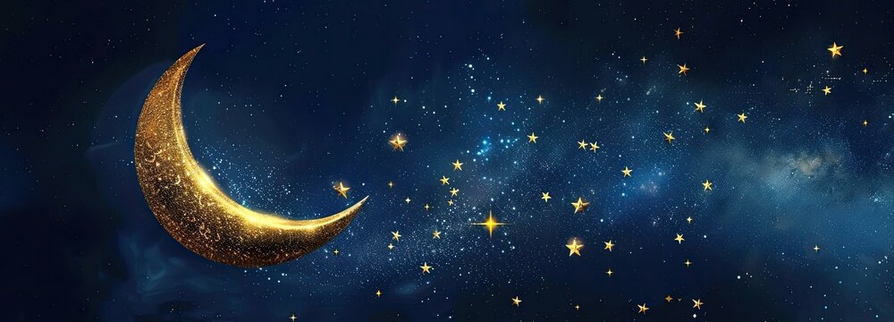 Dreamy romantic decorative illustration set in vast night sky universe, featuring soft gradient deep blue galaxy with hazy light blue nebula textures, left-placed shiny golden crescent moon with