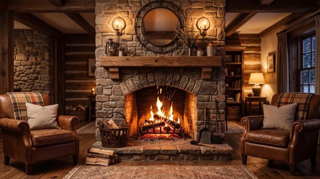 Seamless looping crackling stone fireplace with dancing flames and glowing embers, cozy warm relaxing ambient 4K background footage