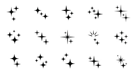 Fototapeta premium Collection of minimalist black sparkle and star icons in various styles for decorative and graphic design use.