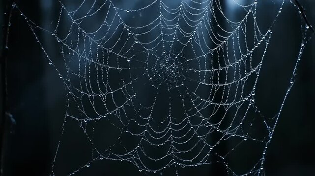 Dew drops on a spider web in the dark forest at dawn.