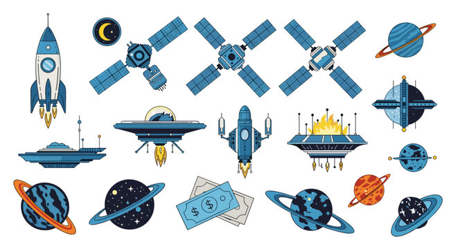 Large set of pixel art space objects including rockets spaceships planets satellites stars a moon and currency notes on a white background.