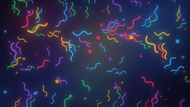 Colorful neon squiggles and dots floating on a dark background