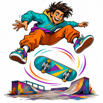 Skateboard trick in dramatic airborne pose