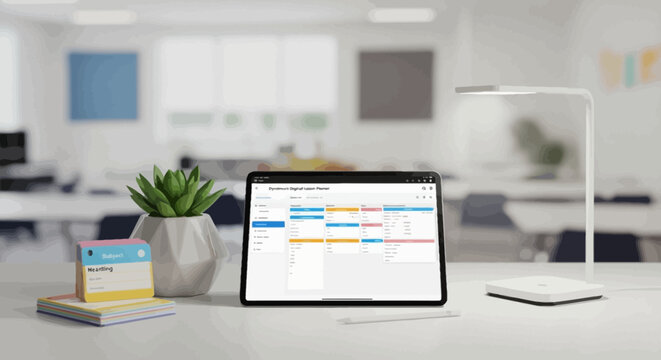 Laptop on office desk with calendar.