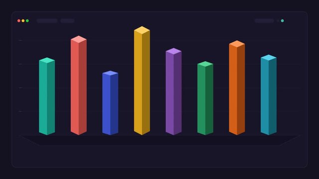 Animated isometric bar chart growing on dark digital dashboard