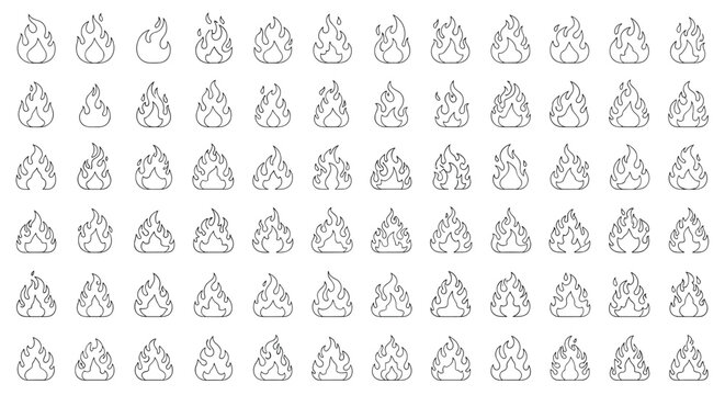 Extensive set of stylized fire and flame icons in black and white line art suitable for logos warnings or decorative patterns.