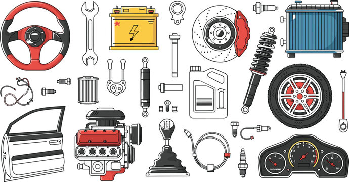 Car auto parts vector collection with engine steering wheel battery brake disc tire gear shifter oil canister