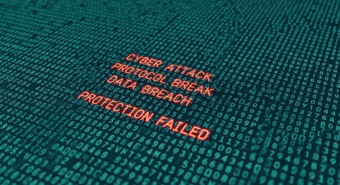 Digital Cyber Attack Warning: Protocol Break, Data Breach, and Protection Failure Displayed on Binary Code Screen