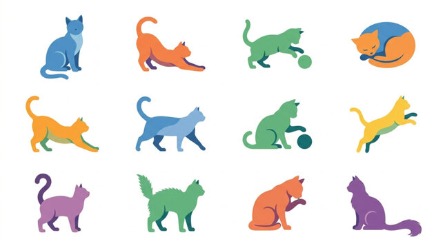 Colorful cats playing with various toys.