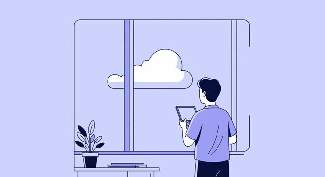 Man holding tablet looking at cloud through window minimalist illustration