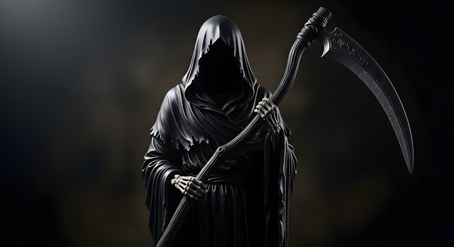 Grim Reaper personification of death holding a scythe, a symbolic figure often depicted in black robes and a hooded cloak against a dark backdrop