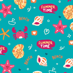 Hand-Drawn Summer Vacation Elements Pattern on Pastel Background © Muhammad
