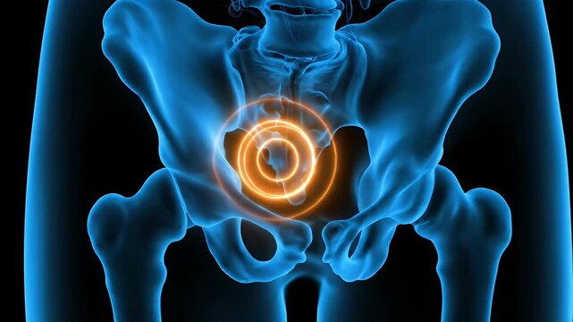 Pelvic area pain in a human body with a glowing orange target on a blue x-ray pelvis
