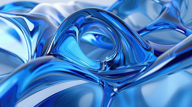 Abstract 3D render futuristic fluid artwork, layered smooth blue gradient curves fill the entire virtual space, the central transparent closed ring is nested among undulating geometric structures