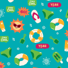 Hand-Drawn Summer Vacation Elements Pattern on Pastel Background © Muhammad