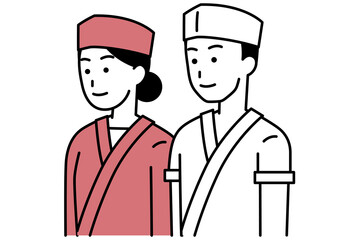 Fototapeta premium まっすぐ前を向いている和食屋の男女の店員
