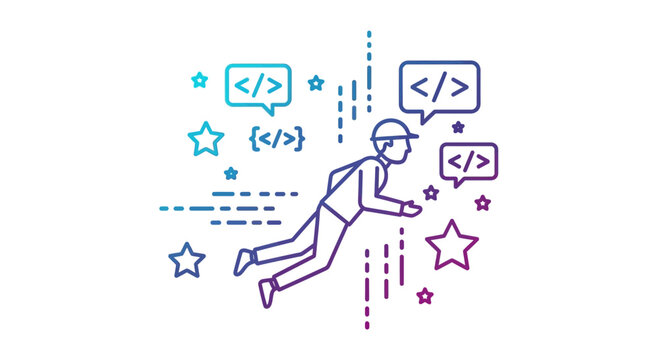 Software Developer Flying with Programming Code Symbols Illustration