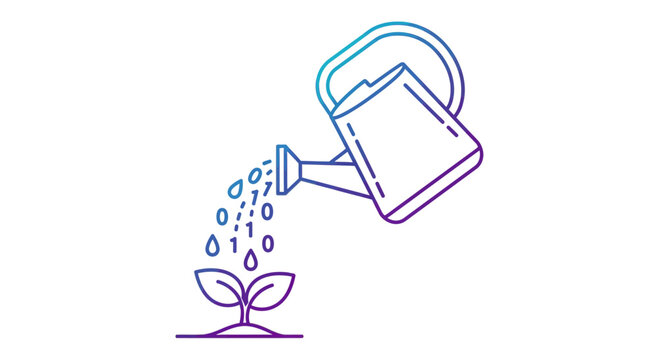 Digital growth concept with watering can pouring binary data on sprout
