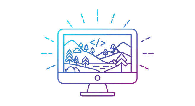 Computer monitor displaying nature landscape and code symbol in gradient line art style