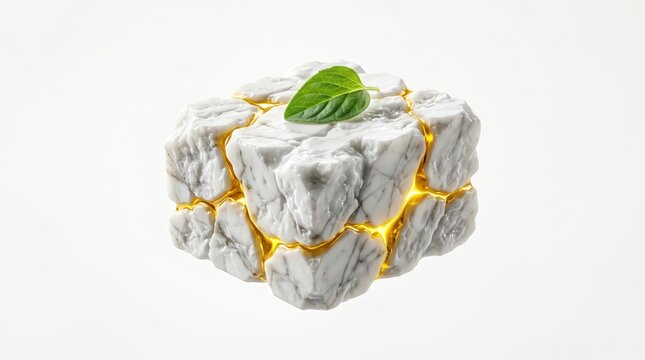 Conceptual Kintsugi Feta Cheese Block with Glowing Golden Cracks and Single Mint Leaf Floating