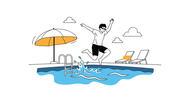 Joyful young boy wearing goggles jumping into clear blue swimming pool with lounge chairs and beach umbrella in background under clouds.