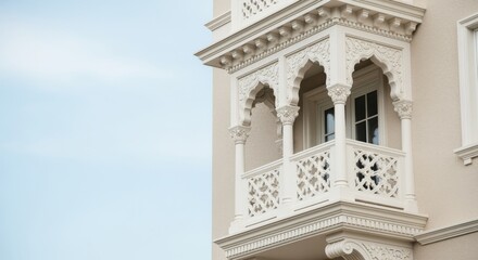 Obraz premium Ornate White Balcony with Intricate Carvings Adorns Building Facade Against Soft Blue Sky