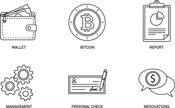 Financial and business management outline icon set with wallet bitcoin report check gears and negotiation bubbles
