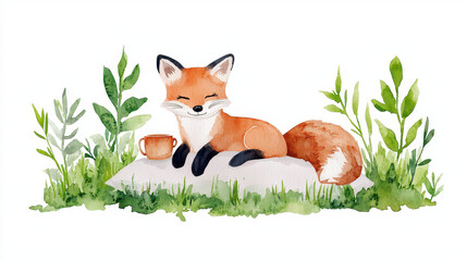 Naklejka premium Cute fox resting on pillow surrounded by green plants and grass, exuding peaceful and serene vibe