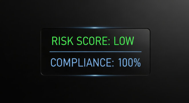 Risk score low compliance 100 percent digital screen showing artificial intelligence governance concept for secure data
