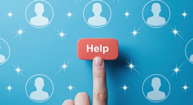 Finger presses 'Help' button within a network of interconnected user icons, symbolizing support and connection
