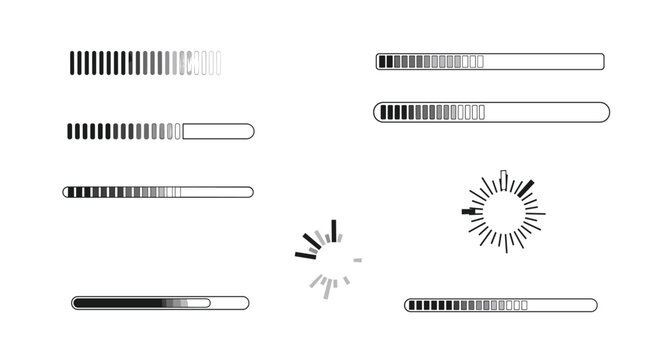 User interface loading bars and progress indicators in various styles for digital systems and software application development.