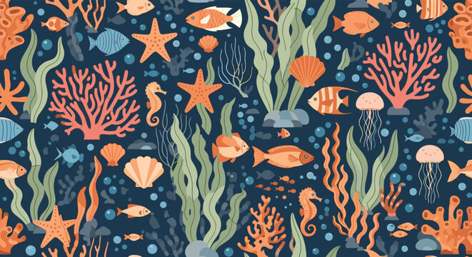 Vibrant undersea life pattern featuring various tropical fish, coral reefs, starfish, and seaweed in a deep blue ocean environment.