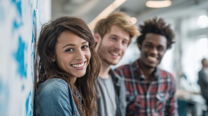 Fototapeta premium Diverse group of young friends smiling and standing together in a modern indoor setting