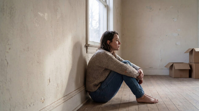 Woman sitting on wooden floor in empty room with cardboard boxes, looking thoughtful and pensive