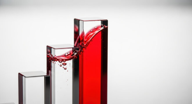 Corporate growth concept with rising red liquid levels in glass bars showing increasing debt levels in business finance
