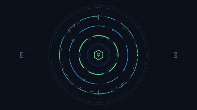 Futuristic circular hud interface with rotating digital data elements