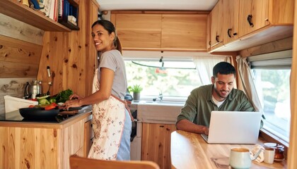 Obraz premium Couple enjoying life in a cozy camper van kitchen, cooking and working remotely.