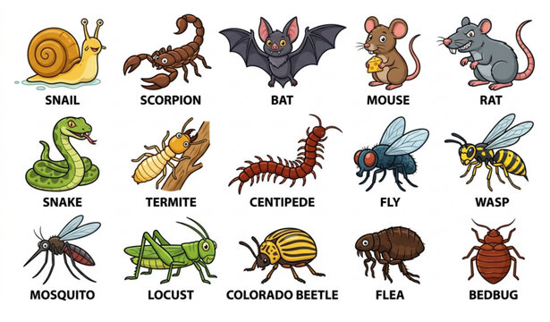 Cartoon Pest Control Vector Set with Insects Rodents Reptiles and Crawling Pests