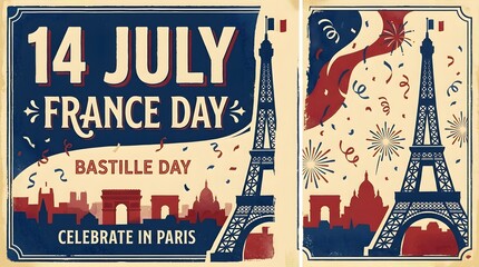 Vintage Bastille Day Celebration Poster with Eiffel Tower and Fireworks