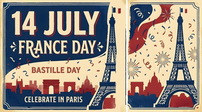 Vintage Bastille Day Celebration Poster with Eiffel Tower and Fireworks