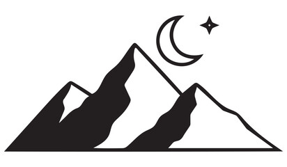 Fototapeta premium Black silhouette of hills with crescent moon and star against a white background astronomy celestial