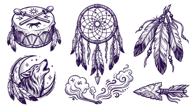 Native American inspired symbols including a dreamcatcher, drum, howling wolf, feathers, and arrowhead
